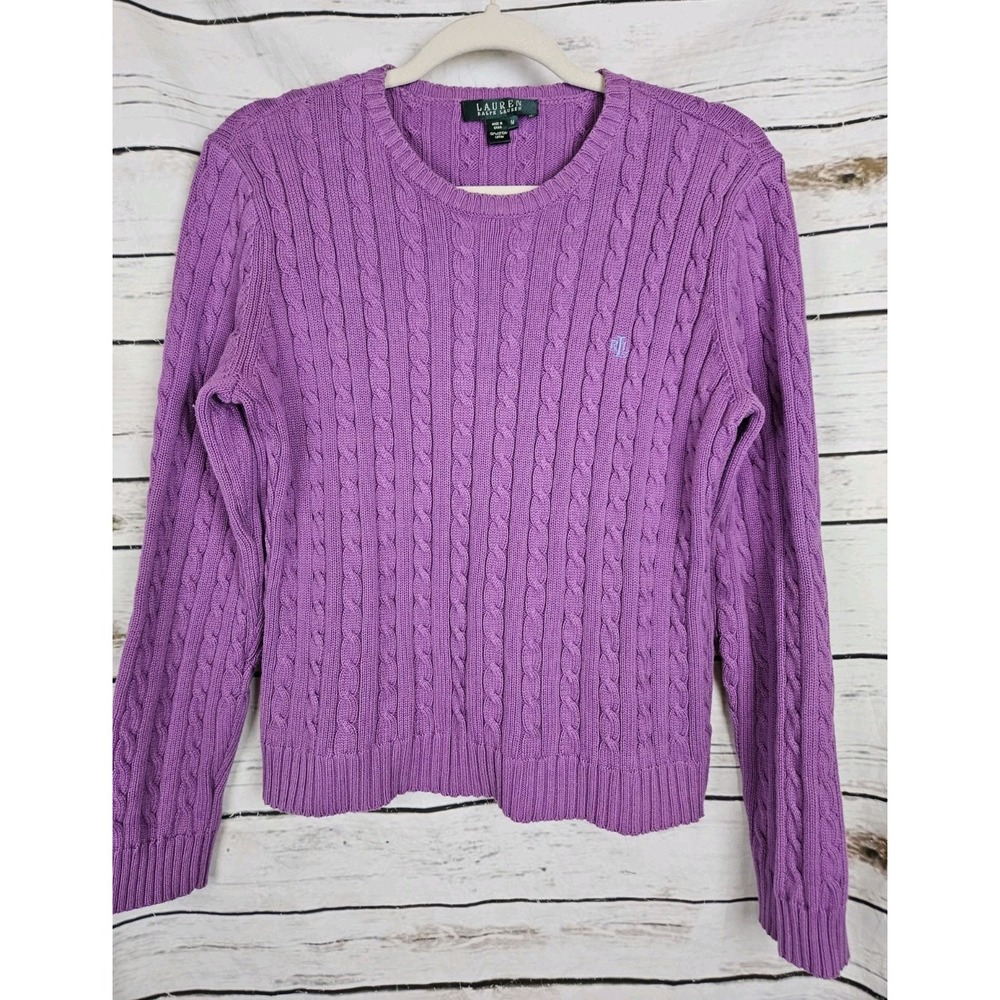 LAUREN Ralph Lauren Purple Cable Knit Cotton Sweater M Womens Pullover Preppy